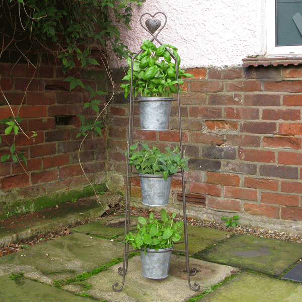 Three-Tiered Plant Stand with 3 Zinc Pots